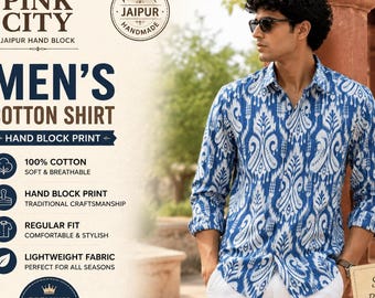 Men's Blue Ikat Cotton Shirt | Hand Block Print, Lightweight, Boho Style