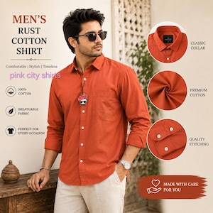 May include: A rust-colored long-sleeve cotton shirt with a classic collar, a front pocket, and white buttons. The shirt features text including "RUST COTTON SHIRT" and "pink city shirts," along with circular insets highlighting the collar, fabric texture, and sleeve cuffs.