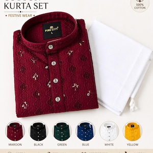 May include: A maroon cotton kurta set with detailed embroidery, a mandarin collar, and a button-down design. It comes with white trousers. The image also shows the kurta in black, green, blue, white, and yellow. The text says "Cotton Kurta Set" and "Festive Wear".