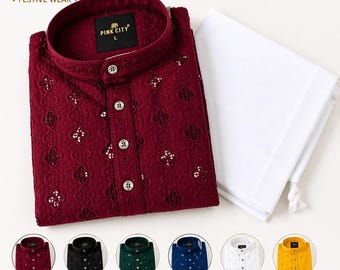 Ensemble de pyjama kurta chikankari en coton pour homme | Vêtements ethniques indiens brodés Lucknowi