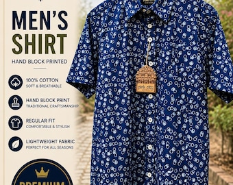 Camisa de algodón para hombre con estampado de bloques hecha a mano, estampado índigo.