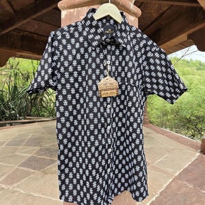 Handmade Black Cotton Shirt: Floral Block Print, Half Sleeve