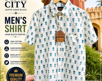 Hand Block Print Cotton Collared Shirt: White Floral Top Men's