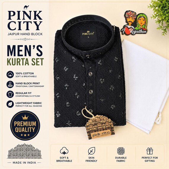 Men's Cotton Chikankari Kurta Pajama Set | Handcrafted Indian Ethnic Wear, Festive Occasion