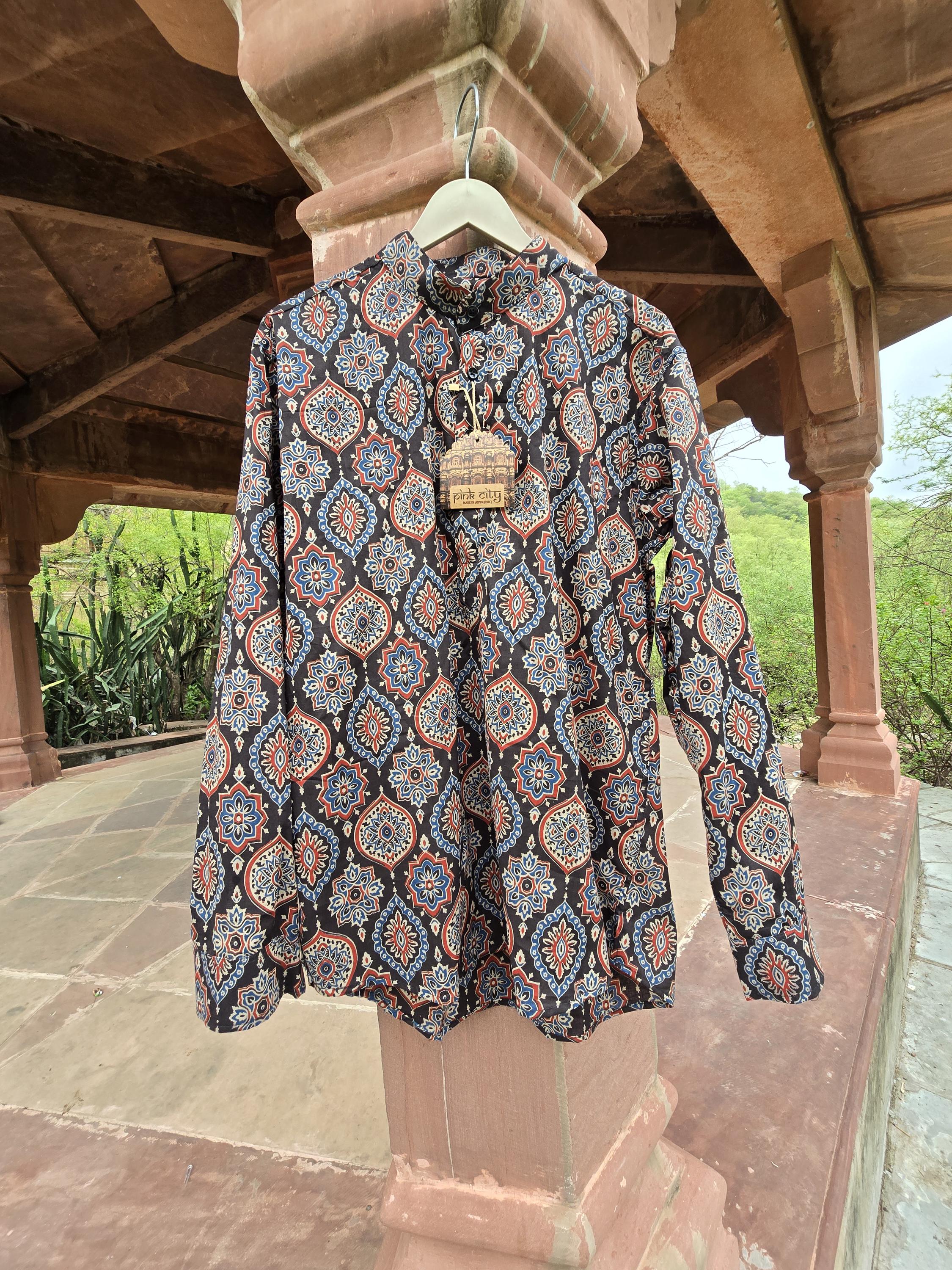 Men's Ajrak Print Cotton Kurta: Traditional Indian Blockprint Shirt
