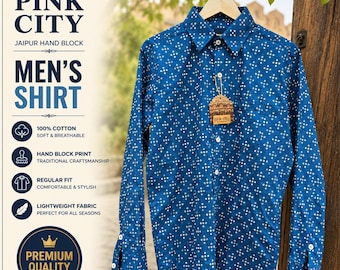 Camisa de algodón indio estampada a mano: corte relajado, ropa de verano para hombre.