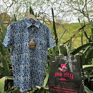 Indigo Blockprint Cotton Shirt: Boho Hippie Half Sleeve
