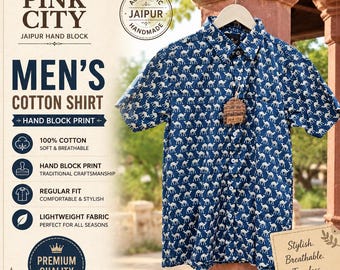 Camel Print Handprinted Indian Cotton Shirt: Relaxed Fit Summer Menswear