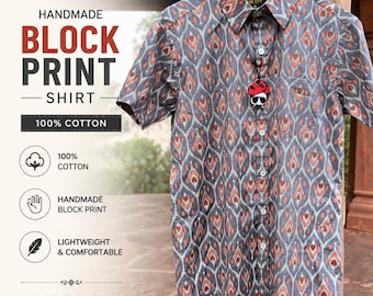 Camisa de algodón para hombre con estampado de bloques hecha a mano, camisa étnica bohemia de verano,