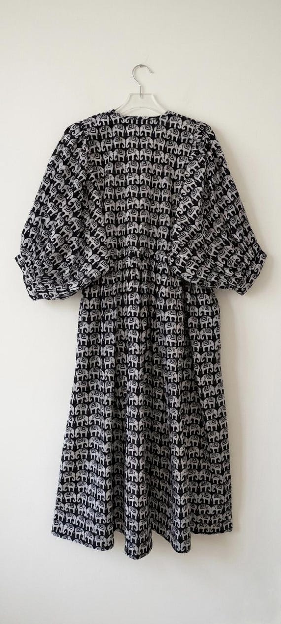 elephant print dress for ladies Handmade Boho Midi Dress, Cotton Puff Sleeve Bohemian Summer Kaftan 58047