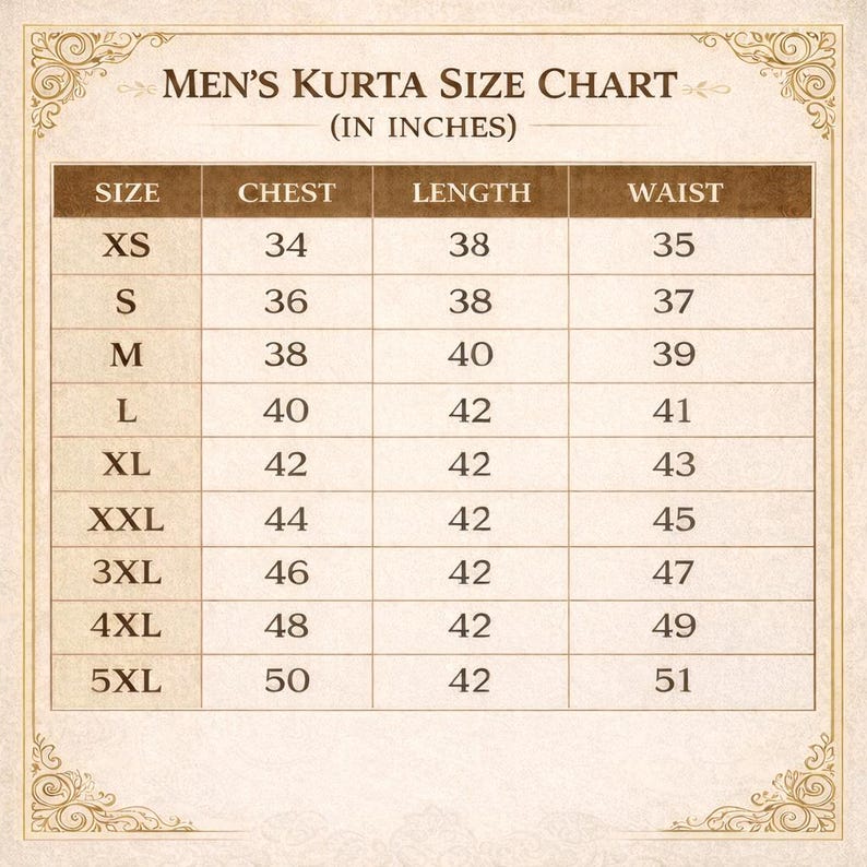 K&ouml;nnte beinhalten: Eine beige Kurta-Gr&ouml;&szlig;entabelle mit braunem Text und braunen R&auml;ndern. Die Tabelle listet Gr&ouml;&szlig;en von XS bis 5XL mit entsprechenden Brust-, L&auml;ngen- und Taillenma&szlig;en in Zoll auf. Die &Uuml;berschrift lautet MEN'S KURTA SIZE CHART (IN INCHES).