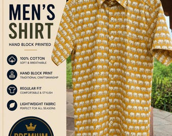 Men's Block Print Cotton Shirt: Half Sleeve Elephant Design