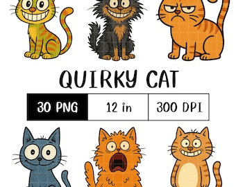 Quirky Cat PNG Bundle | 30 Funny Cartoon Cats Clipart for Stickers, Sublimation and T-Shirts