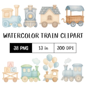 May include: Watercolor train clipart featuring various train designs in pastel colors. Includes a train engine, a house-shaped train car, and a train car with balloons. The image also includes the text "WATERCOLOR TRAIN CLIPART", "38 PNG", "13 in", and "300 DPI".