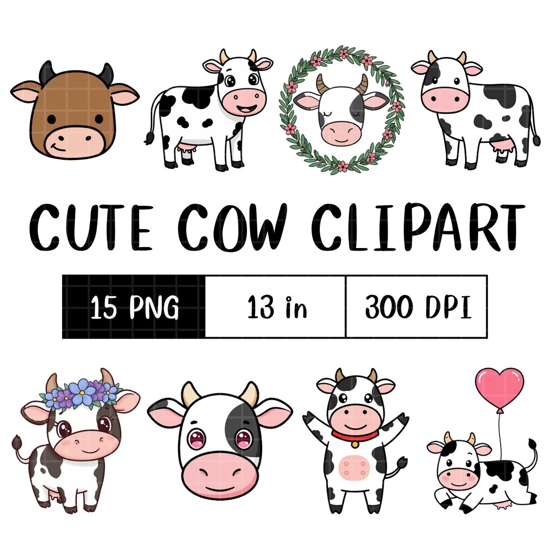 Adorable Cow Clipart PNG | Cute Farm Animal Graphics for Kids, Stickers ...