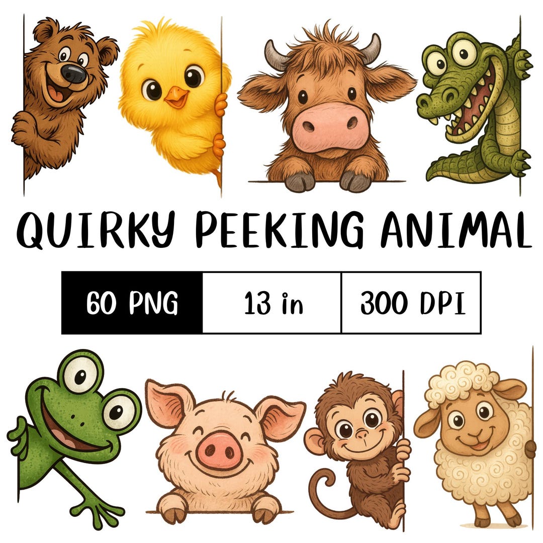Quirky Peeking Animals PNG Bundle | Cute Cartoon Clipart for Stickers ...