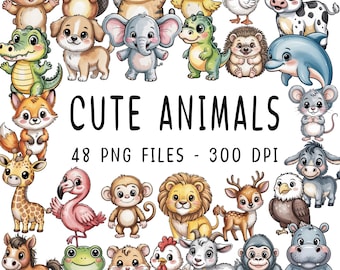 48 Watercolor Animals Bundle, Watercolor png, Cute Animal PNG, Cute Animal Bundle, Baby Animals, Clipart Bundle, Digital download