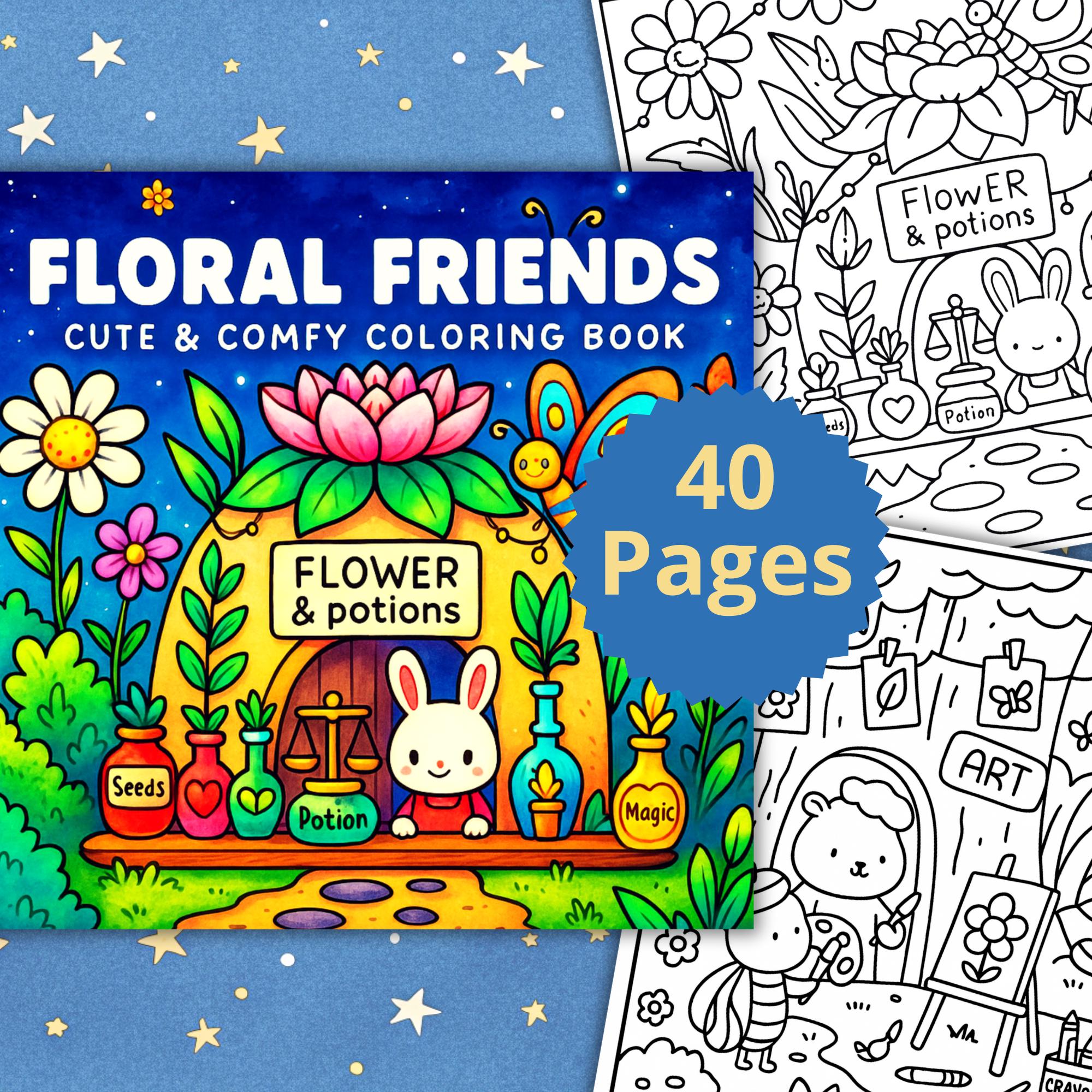 Floral Friends — Libro de Colorear Grueso y Fácil — 40 Páginas Tiernas para Adultos y Niños PDF + PNG para Procreate, Imprimible