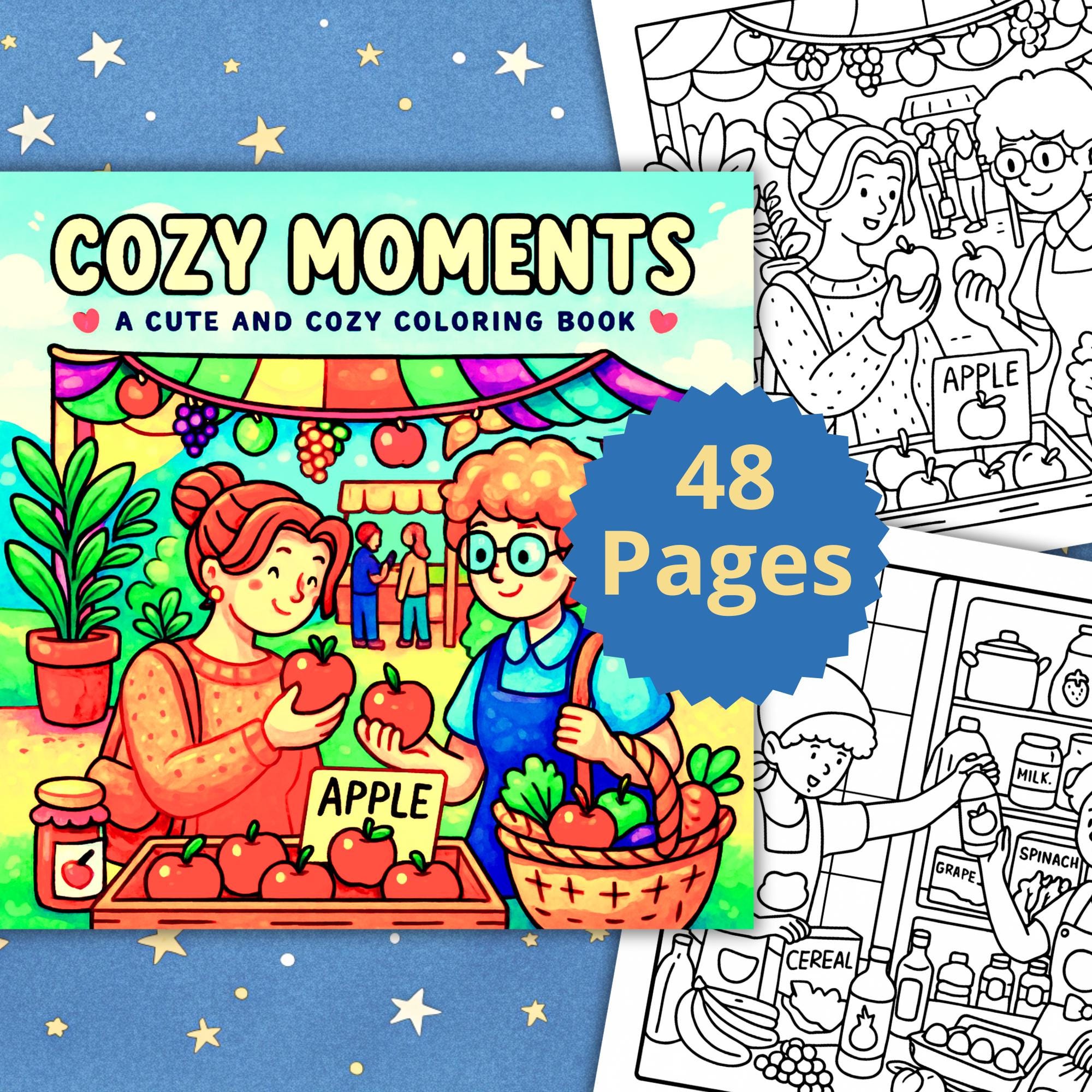 Cozy Moments Livro de colorir | Páginas fofas, grossas e fáceis para adultos e crianças | Estilo Coco Wyo | 48 folhas para imprimir (PDF e PNG)