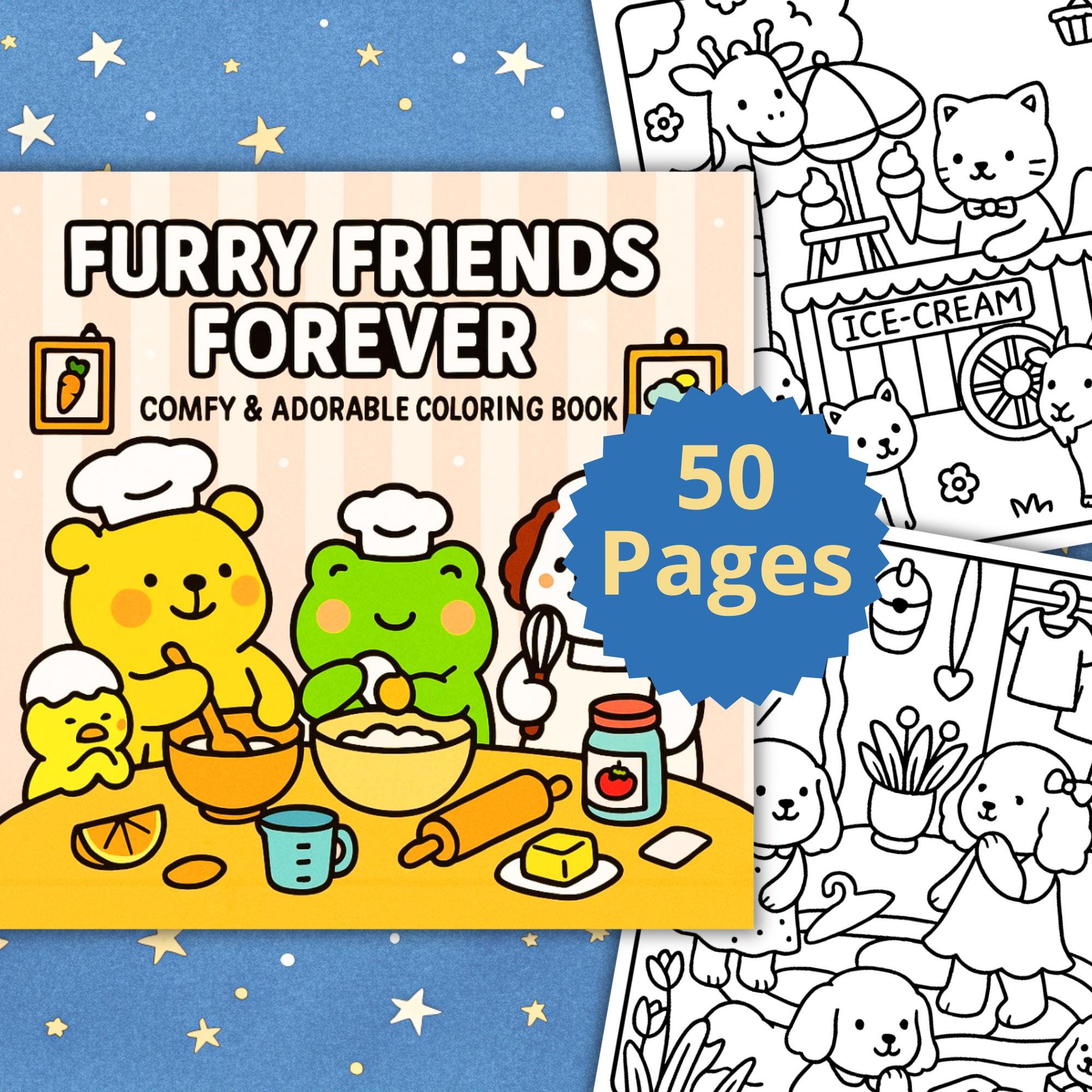 Furry Friends Forever Libro para colorear Bold & Easy (PDF + PNG) Animales tiernos y acogedores, estilo Coco Wyo, imprimible + Procreate