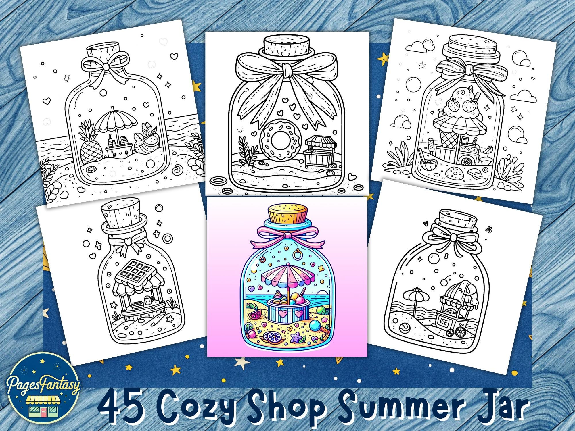 Cozy Shop Summer Jar Libro de Colorear Kawaii – 45 páginas gruesas y fáciles | Amigos acogedores y tiernos | PDF y PNG para Procreate | Imprimible