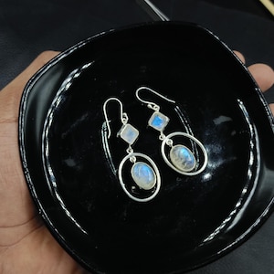 Natural Moonstone Earrings, 925 Sterling Silver Earring, Two Stone Earrings, Handmade Silver Earring, White Rainbow Earring, Dangle Earrings