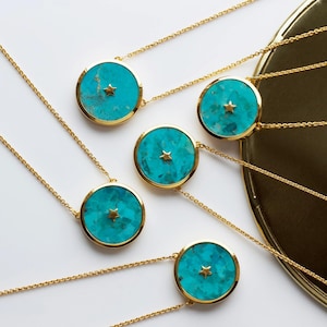 Natural Kingman Mohave Turquoise Necklace | 14k Gold Vermeil Turquoise Gemstone Necklaces | Round Shape Polished Turquoise Chain Necklace
