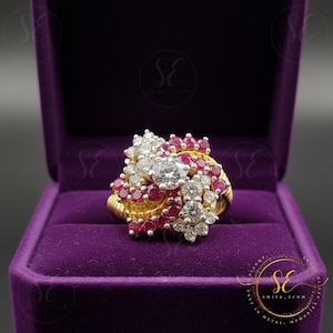 Massives 14K Gelbgold überzogener 2Ct Rosa Rubin- und Diamantcluster-Verlobungsring, Frauenclusterring, handgemachter Schmuck, Geschenk für ihre Liebe