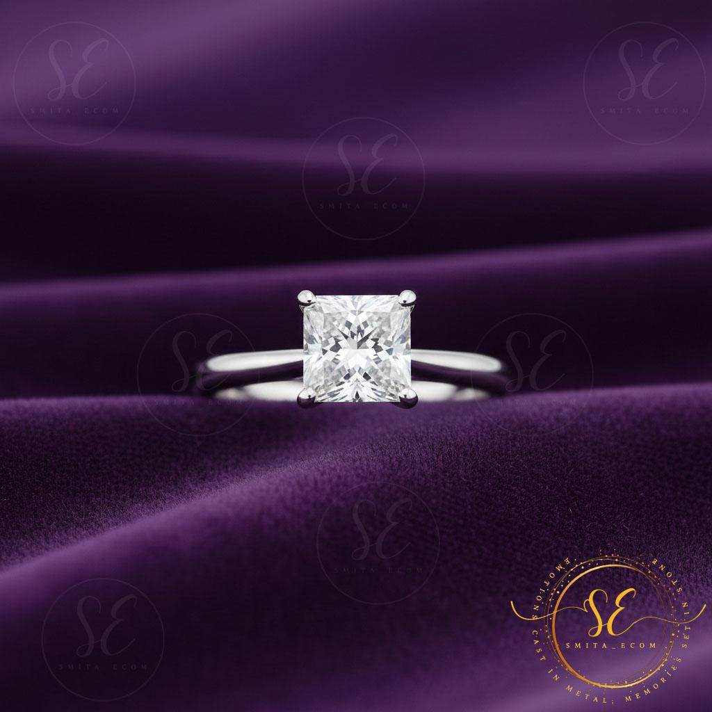 14K White Gold Plated 1.50Ct Princess Cut Natural Moissanite Solitaire Engagement Wedding Ring Valentine Day Gift For Women's Best Gift