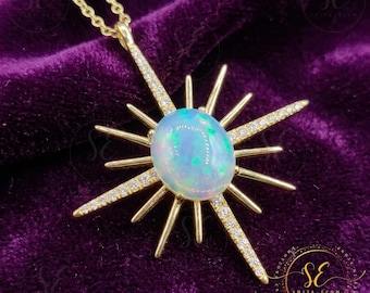 Oval Cut Fire Opal & Diamond Pendant Necklace 18" 14K Gold Plated Starburst Celestial Jewelry, Birthday Gifts, Handmade Jewelry