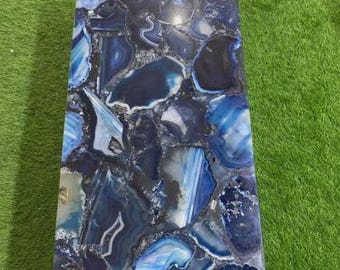 Rectangular Blue Agate Coffee Table Top | Large Blue Crystal Slab Surface | (Customizable)