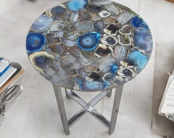 Piano del tavolo rotondo in agata blu artigianale / Centrotavola con pietre preziose personalizzate
