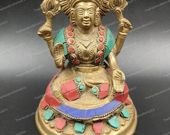 Brass Lakshmi Statue with Gemstone Inlay | Hindu Goddess Decor
