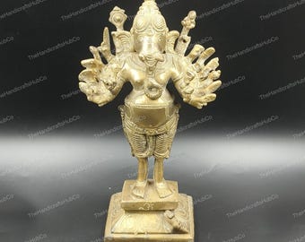 Brass Lord Ganesha Idol 10 Inch | Multi-Armed Ganesha | Handmade Hindu Decor | Prosperity Protection Success