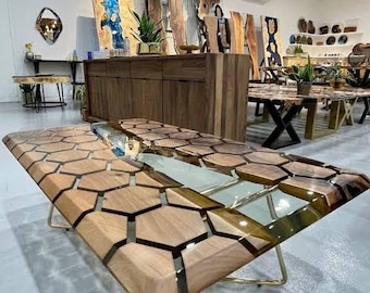 Tablero de mesa de madera de acacia con estructura de panal de abeja epoxi hecho a mano / Muebles de comedor de borde natural
