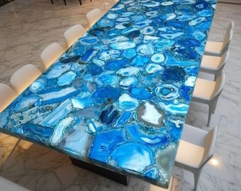Piano del tavolo rettangolare in agata blu / Tavolo da pranzo moderno con pietre preziose (personalizzabile)