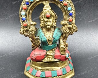 Brass Lakshmi Gemstone Inlay | 6 Inch  | Handmade Goddess Idol Prosperity | Wealth Blessing Statue Spiritual Gift