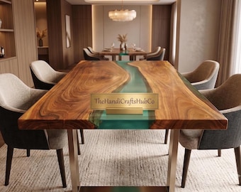 Piano del tavolo rettangolare in legno di acacia e resina epossidica / Piano da pranzo in resina turchese / (personalizzabile)