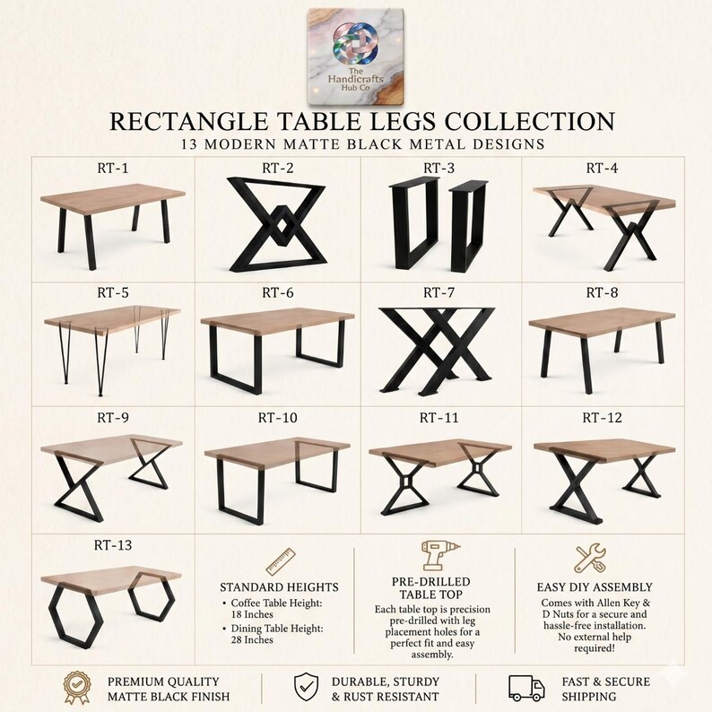 Pu&ograve; includere: Una collezione di 13 modelli di gambe per tavolo in metallo nero opaco etichettati da RT-1 a RT-13, con varie forme geometriche. L'immagine include il testo Rectangle Table Legs Collection, con altezze standard di 45,7 cm e 71,1 cm.