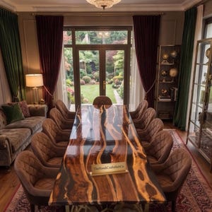 Peut inclure: Une longue table à manger rectangulaire avec une surface en bois poli et résine noire présentant un motif de grain naturel. Un petit panneau doré sur la table indique TheHandiCraftsHubCo. Dix chaises matelassées marron entourent la table.