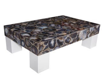 Semi Precious Black Agate Stone Table Top | Gemstone Rectangular Coffee Top | (Customizable)