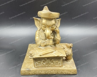 Messing Ganesha Mahabharat-schrijverstandbeeld | Decor hindoegod van wijsheid (5,5 inch)