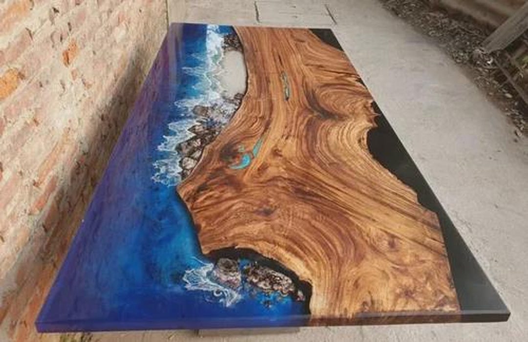 Rectangular Acacia Wood Blue Epoxy Ocean Wave Table Top | Handmade ...