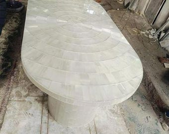 Selenite Oval Table Top | Hand-Arranged Gemstone Tiles, Customizable
