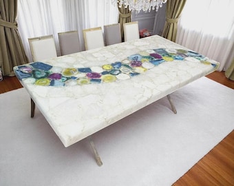 Multicolored Agate Dining Table Top | Rectangular Gemstone Inlay Furniture | (Customizable)