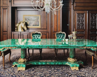 Malachite Gemstone Table Top | Luxury Conference, Dining Table (Customizable)