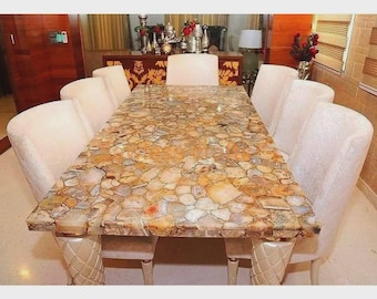 Plateau de table à manger en agate brun doré | Meubles en pierre semi-précieuse | (Personnalisable)