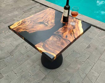 Handmade Acacia Wood River Table | Black Epoxy Resin Outdoor Dining