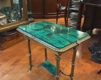 Handcrafted Rectangular Malachite Table Top | Antique Gilded Border