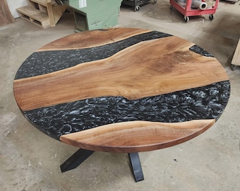 Acacia Wood River Table Top | Charcoal Black Epoxy, Live Edge